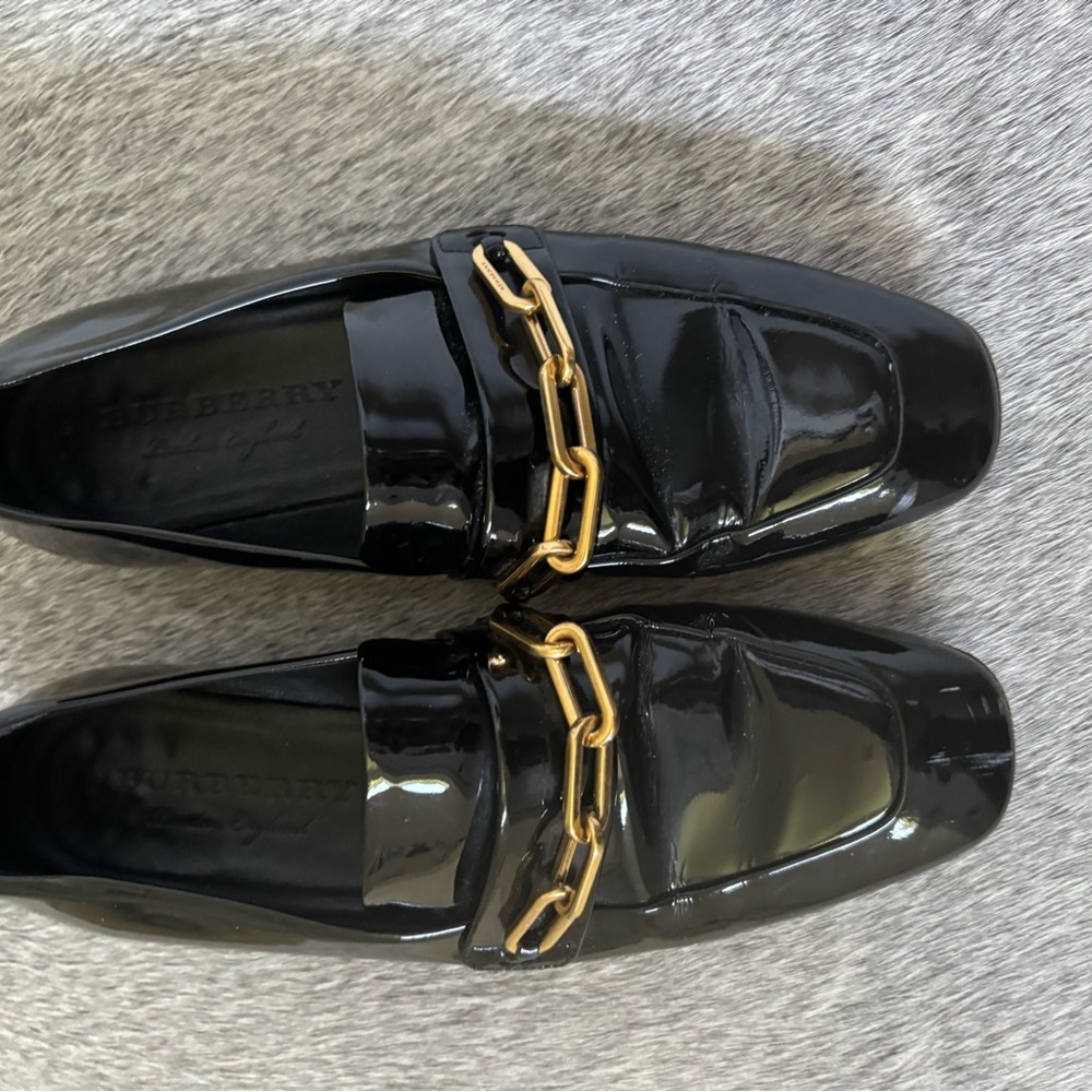 Burberry Black Patent Leather Loafers with Gold Chain Detail